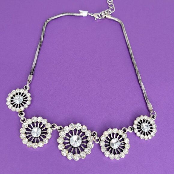 Silver FloralCrystal Choker,  Bib Necklace with Crystals - Picture 6 of 12
